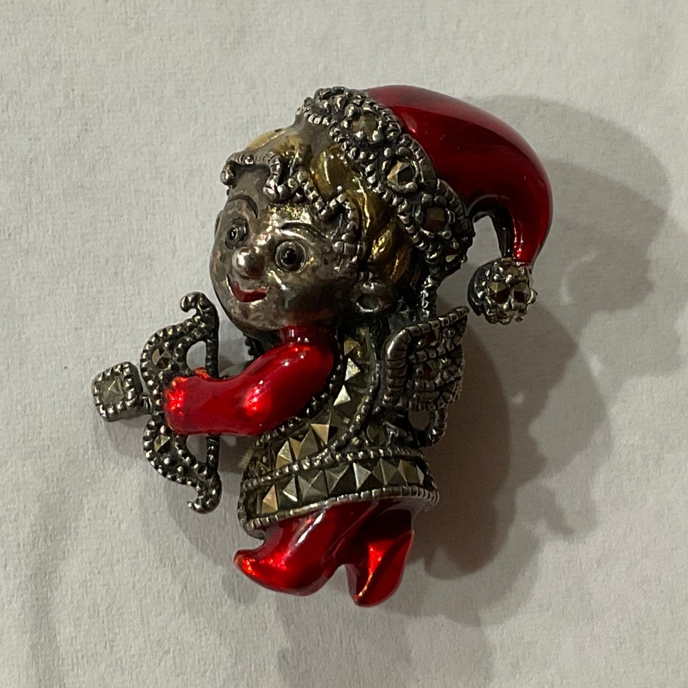Vintage Judith Jack Sterling Christmas Cupid Marcasite Enamel Brooch